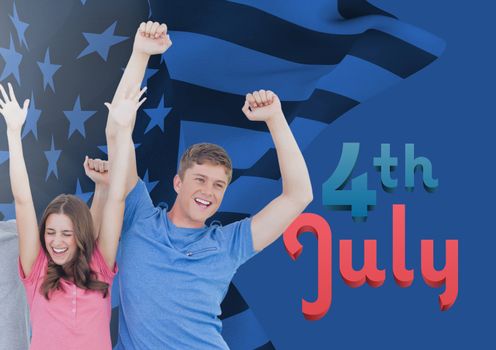 Digital composite of happy couple raising their arms for the 4th of july