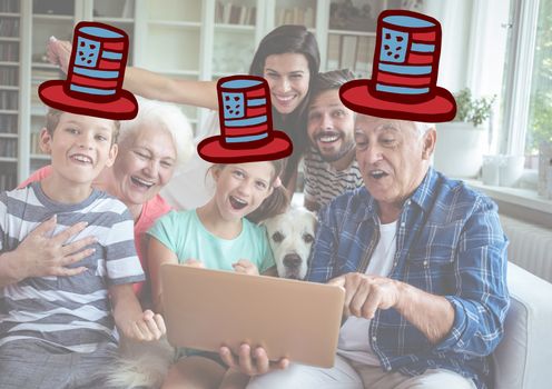 Digital composite of Composite image of a family watching at the digital tablet with 4th of july hats