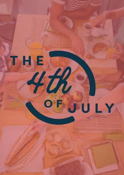 Digital composite of Fourth of July graphic against overhead of family at table with red overlay
