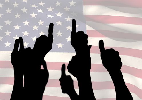 Digital composite of Shadow of people with thumbs up against american flag