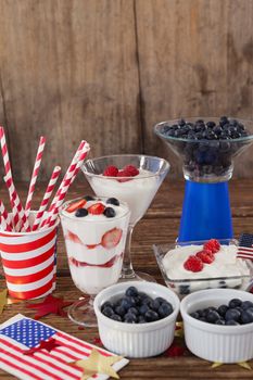 Fruits and ice cream with 4th july theme arranged on table