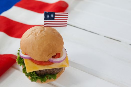 Close-up of hamburger with 4th july theme