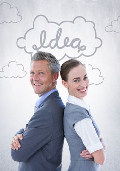 Digital composite of Business people back to back against white wall with idea doodle