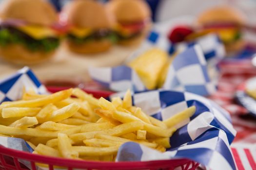 Close-up of french fries in basket with 4th july theme