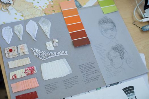 Close-up of sketch and fashion material on chart paper on table in office