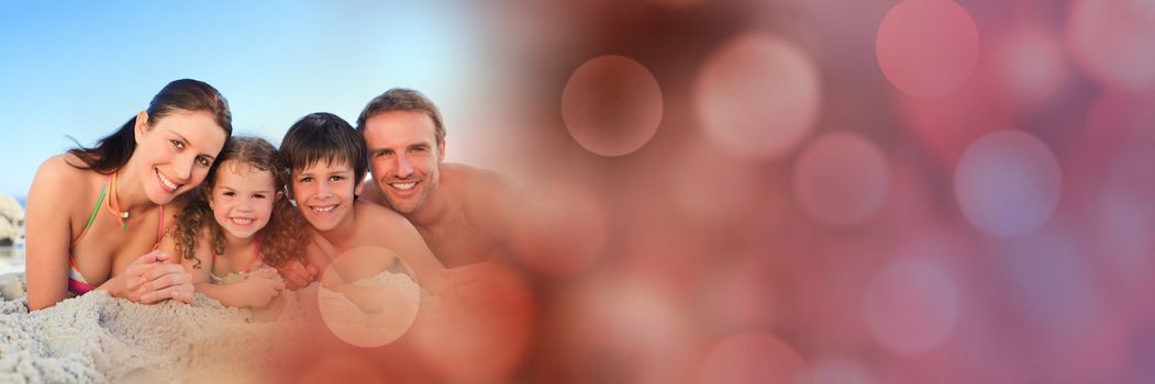 Digital composite of Family lying down at beach with red bokeh transition