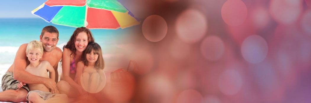 Digital composite of Family at beach under umbrella with red bokeh transition