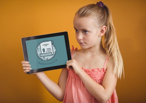 Digital composite of Girl holding a tablet with education icon on the screen