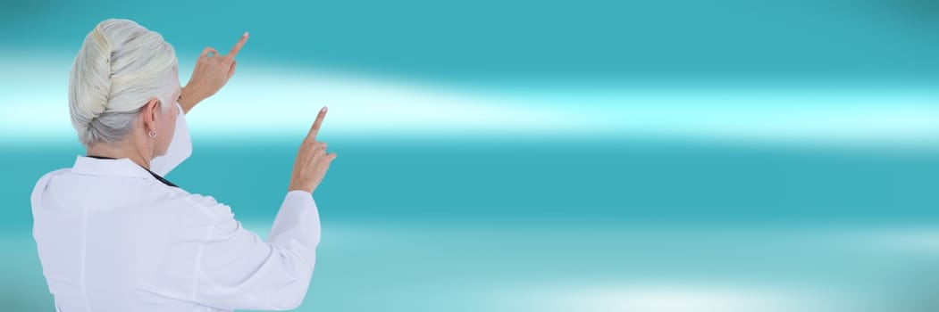 Digital composite of Doctor measuring with fingers against blue blurred abstract background