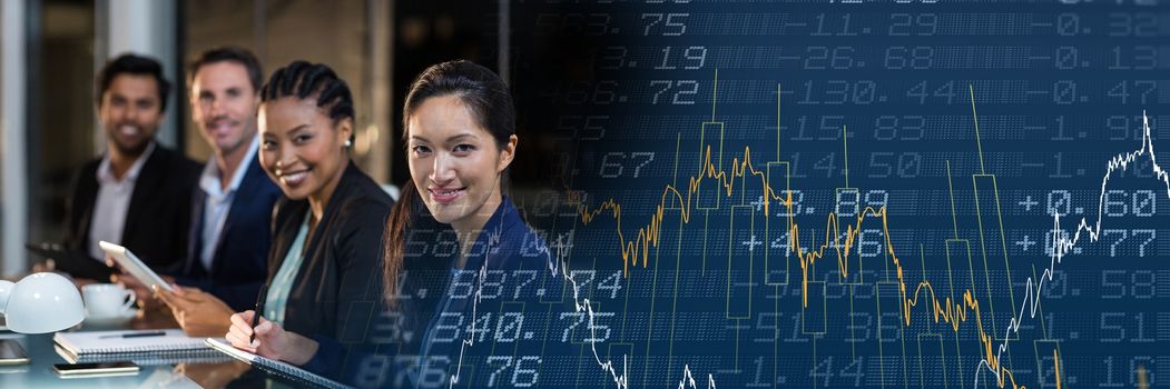 Digital composite of Row of business people with blue finance graph transition