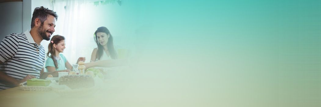 Digital composite of Family at table with green transition