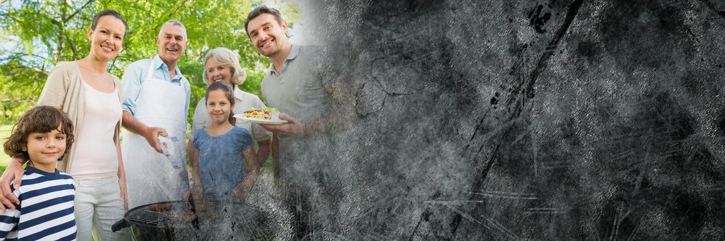 Digital composite of Family standing around bbq with  grey grunge transition