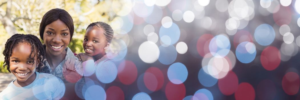 Digital composite of Family with soldier mother and blue red bokeh transition