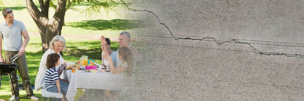 Digital composite of Man cooking bbq for family and grey grunge transition