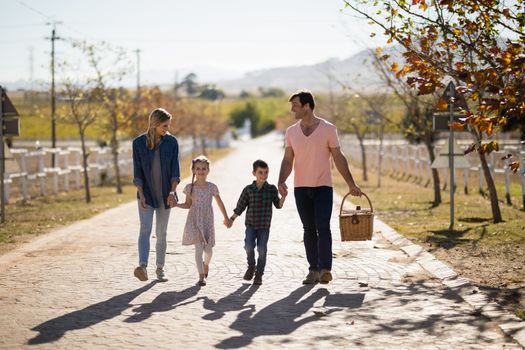 Happy family walking in the park on a sunny day on a sunny day