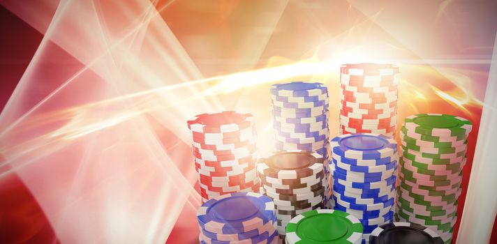 Computer generated 3D image of gambling chips against glowing abstract design