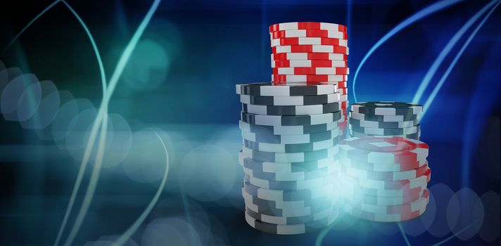 Computer graphic 3D image of gambling chips against abstract red background