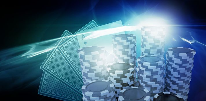 Computer generated 3D image of gambling chips against glowing abstract design