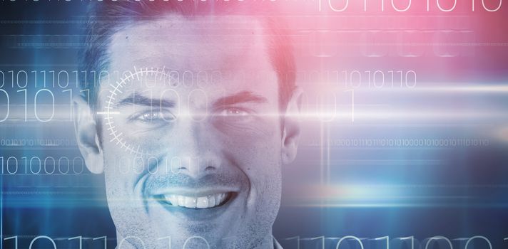 3D image of close up portrait of happy handsome man against blue technology design with binary code