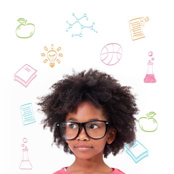 Cute pupil wearing glasses against school subjects doodles