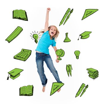 School icons against excited little girl jumping