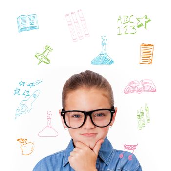 Cute pupil thinking against school subjects doodles