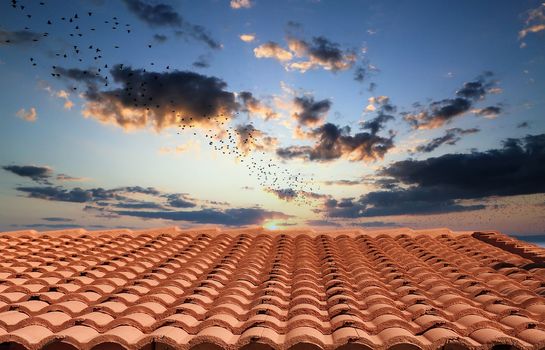 A curved red clay tile roof under a clear blue sky