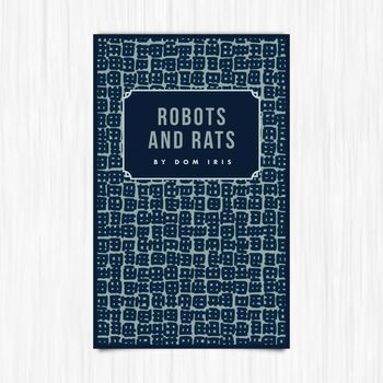 Vector of novel cover with robots and rats text against white background