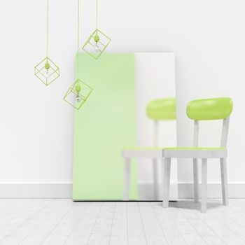 Green chair by blank whiteboard against wall at home