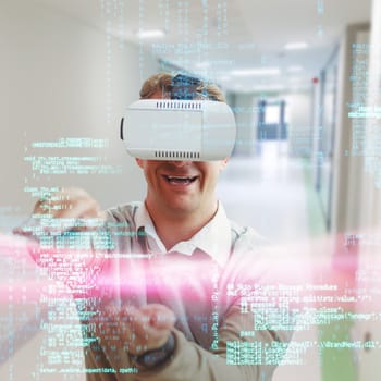 Happy man gesturing while using virtual reality glasses against college hallway