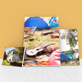 Digitally generated image of whiteboards against orange wall against van parked on grassy field