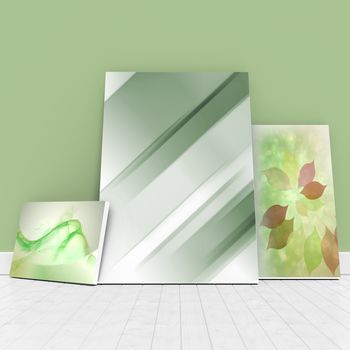 Digitally generated image of whiteboards against green wall against green abstract design