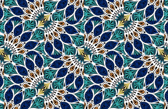 Colorful floral ethnic mandala pattern in patchwork boho chic style in blue and turquoise colors, in portuguese and moroccan motive