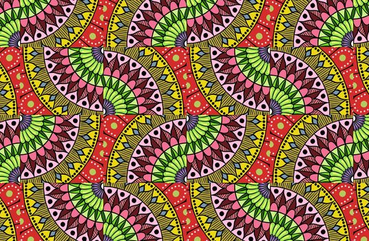 Colorful floral ethnic mandala pattern in patchwork boho chic style in yellow and red colors, in portuguese and moroccan motive