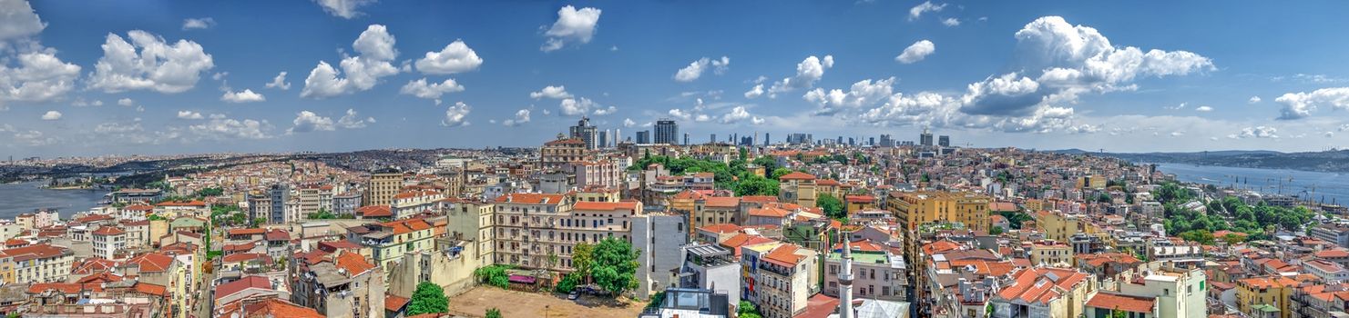 Istambul, Turkey – 07.13.2019. Big panoramic top view of Beyoglu district in Istanbul on a sunny summer day