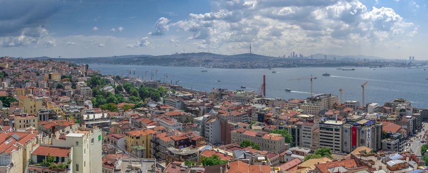 Istambul, Turkey – 07.13.2019. Big panoramic top view of Beyoglu district in Istanbul on a sunny summer day