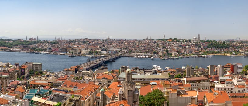 Istambul, Turkey – 07.13.2019. Big panoramic top view of Eminonu district of Istanbul and Galata bridge on a sunny summer day