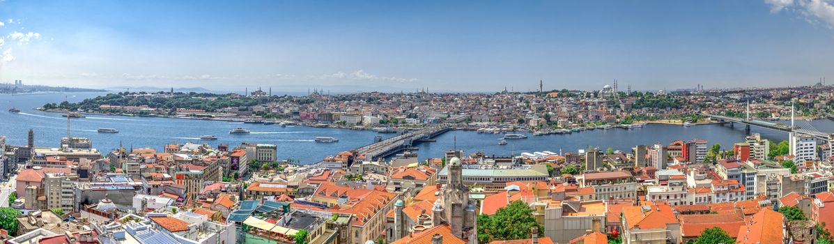 Istambul, Turkey – 07.13.2019. Big panoramic top view of Eminonu district of Istanbul with Galata and Ataturk bridges on a summer day