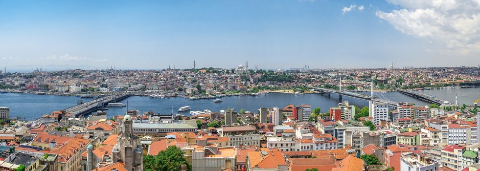 Istambul, Turkey – 07.13.2019. Big panoramic top view of Eminonu district of Istanbul with Galata and Ataturk bridges on a summer day