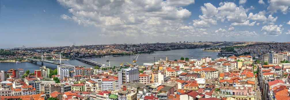 Istambul, Turkey – 07.13.2019. Big panoramic top view of Fatih district in Istanbul with Ataturk Bridge on a sunny summer day