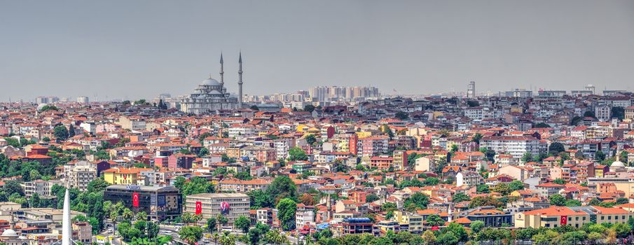 Istambul, Turkey – 07.13.2019. Big panoramic top view of Fatih district in Istanbul with Suleymaniye Mosque on a summer day