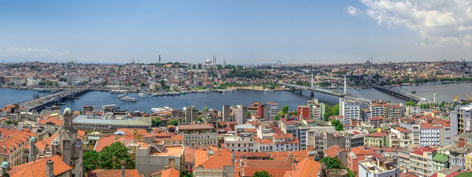 Istambul, Turkey – 07.13.2019. Big panoramic top view of Eminonu district of Istanbul with Galata and Ataturk bridges on a summer day