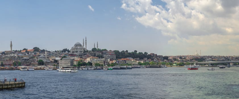Istambul, Turkey – 07.13.2019. Big panoramic top view of Fatih district in Istanbul with Dock For Bosphorus Trips on a summer day