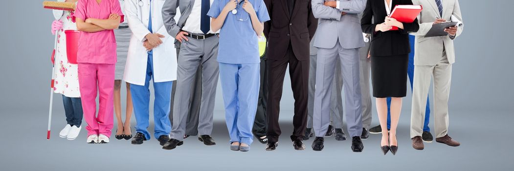 Digital composite of Group of People  with various job careers standing with grey background