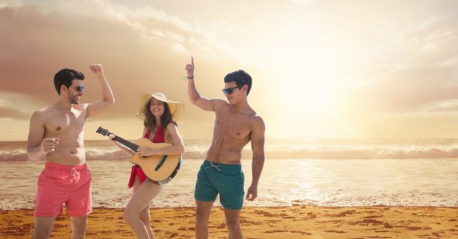 Digital composite of People at the beach playing guitar and dancing