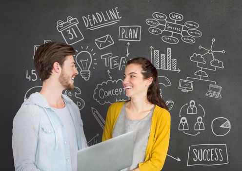 Digital composite of Happy business people talking against grey background with graphics