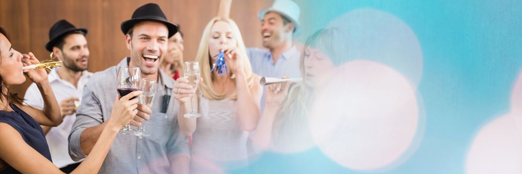 Digital composite of Group of people drinking alcohol and partying wide shot