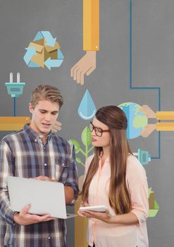 Digital composite of Business people looking at a computer against grey background with graphics