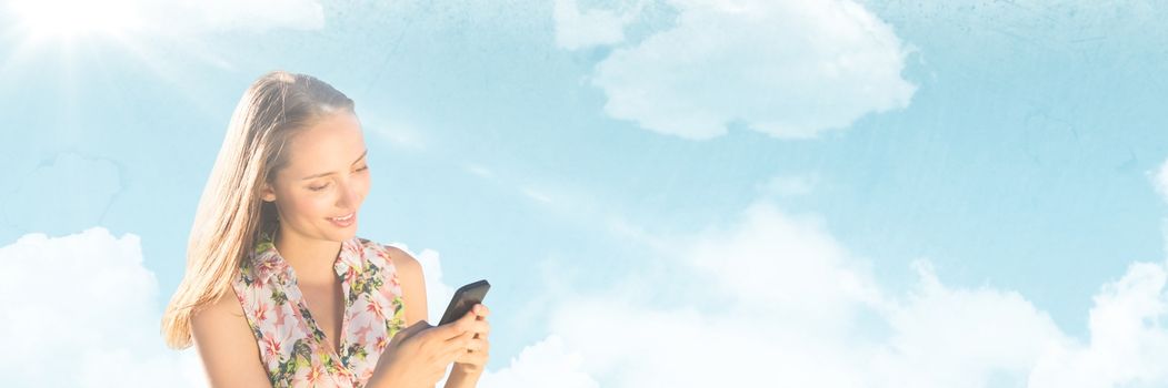 Digital composite of Millennial woman texting against Summer sky with flare