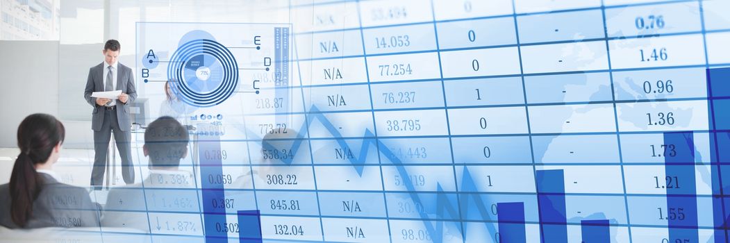 Digital composite of Business people having a meeting with financial figures and charts transition effect